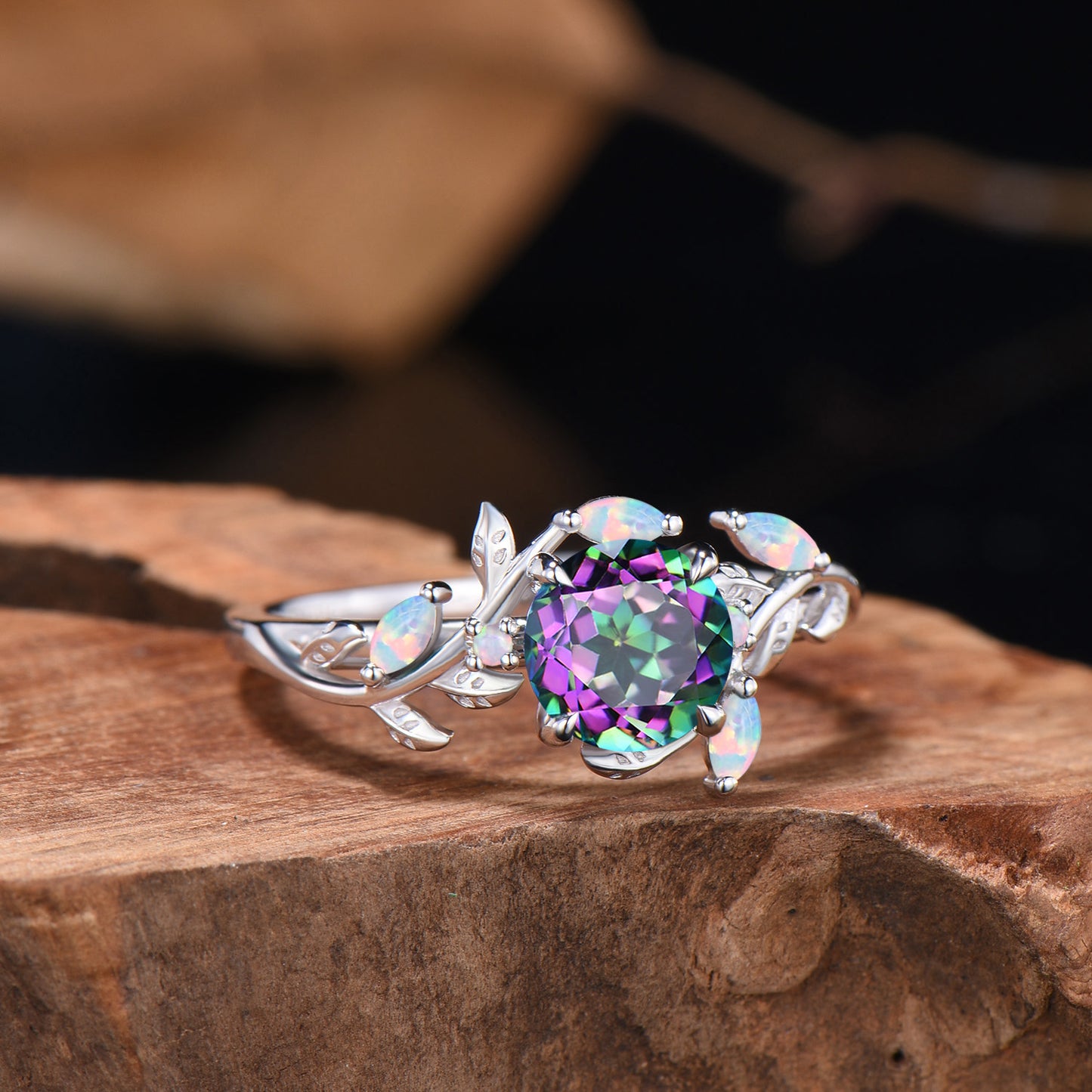 Nature Inspired 1 Carat Round Cut Mystic Topaz Ring Marquise Opal Twig Vine Rainbow Topaz Engagement Ring Silver White Gold Promise Ring