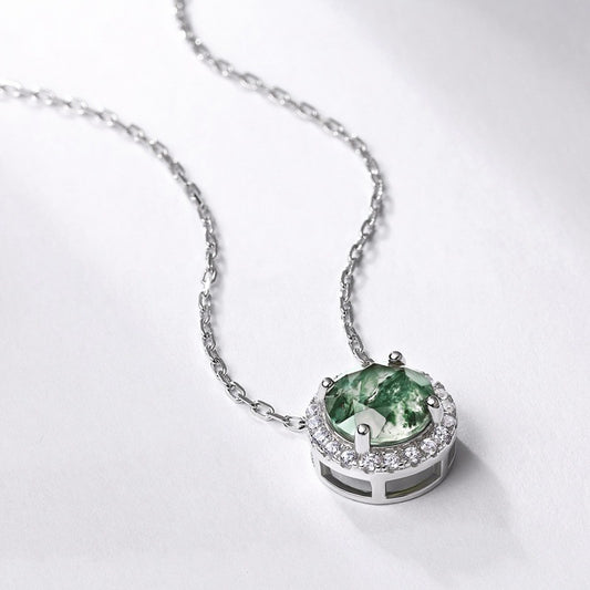 Classic 8mm Round Halo Natural Moss Agate Necklace