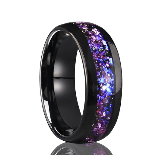 8mm Black Tungsten Wedding Band | Purple Crystal Blue Nebula Design