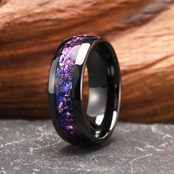 8mm Black Tungsten Wedding Band | Purple Crystal Blue Nebula Design