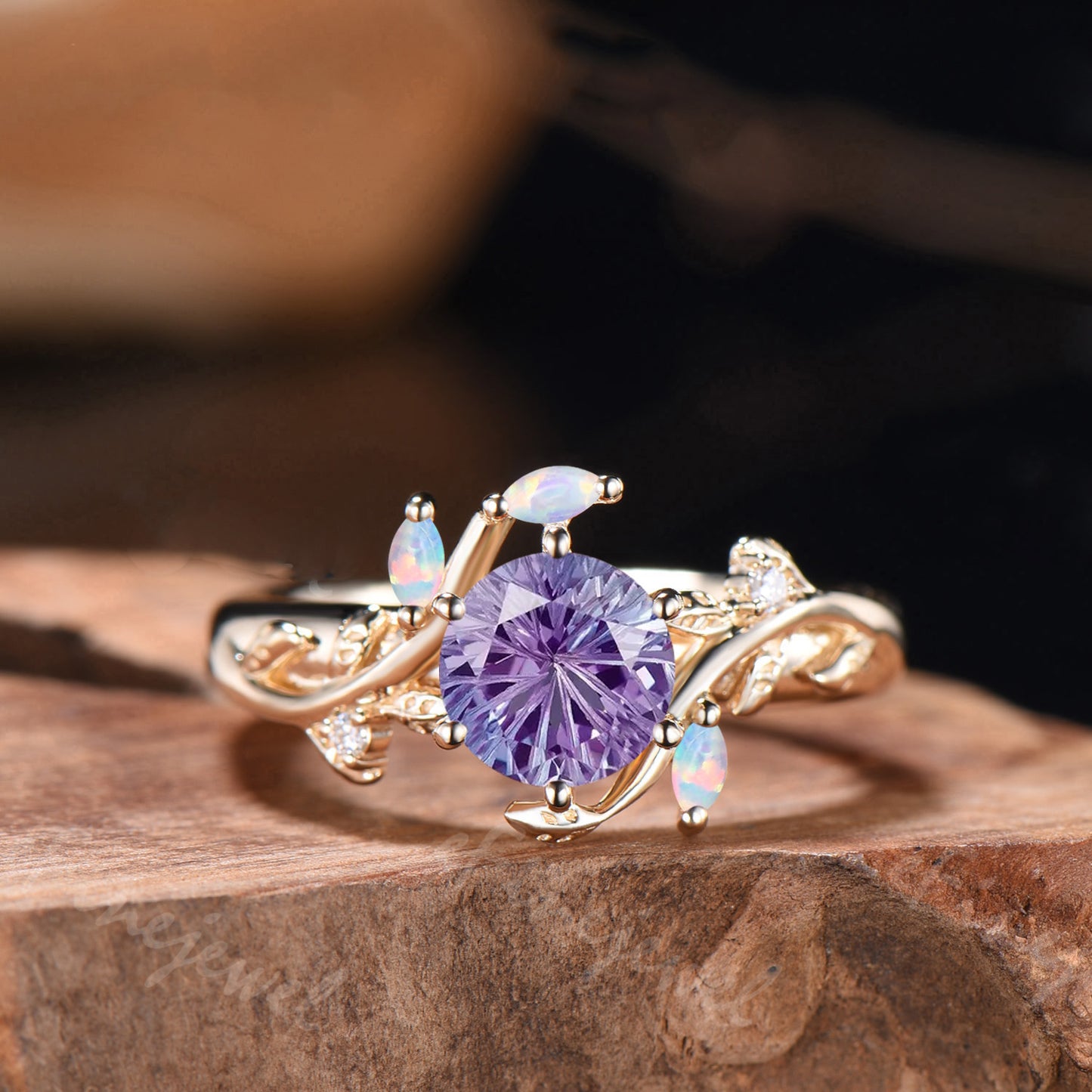 Special Round Shaped Firework Cut Color-change Alexandrite Engagement Ring Marquise Gems Twig Leaf Natural Inspired Ring Anniversary Gifts