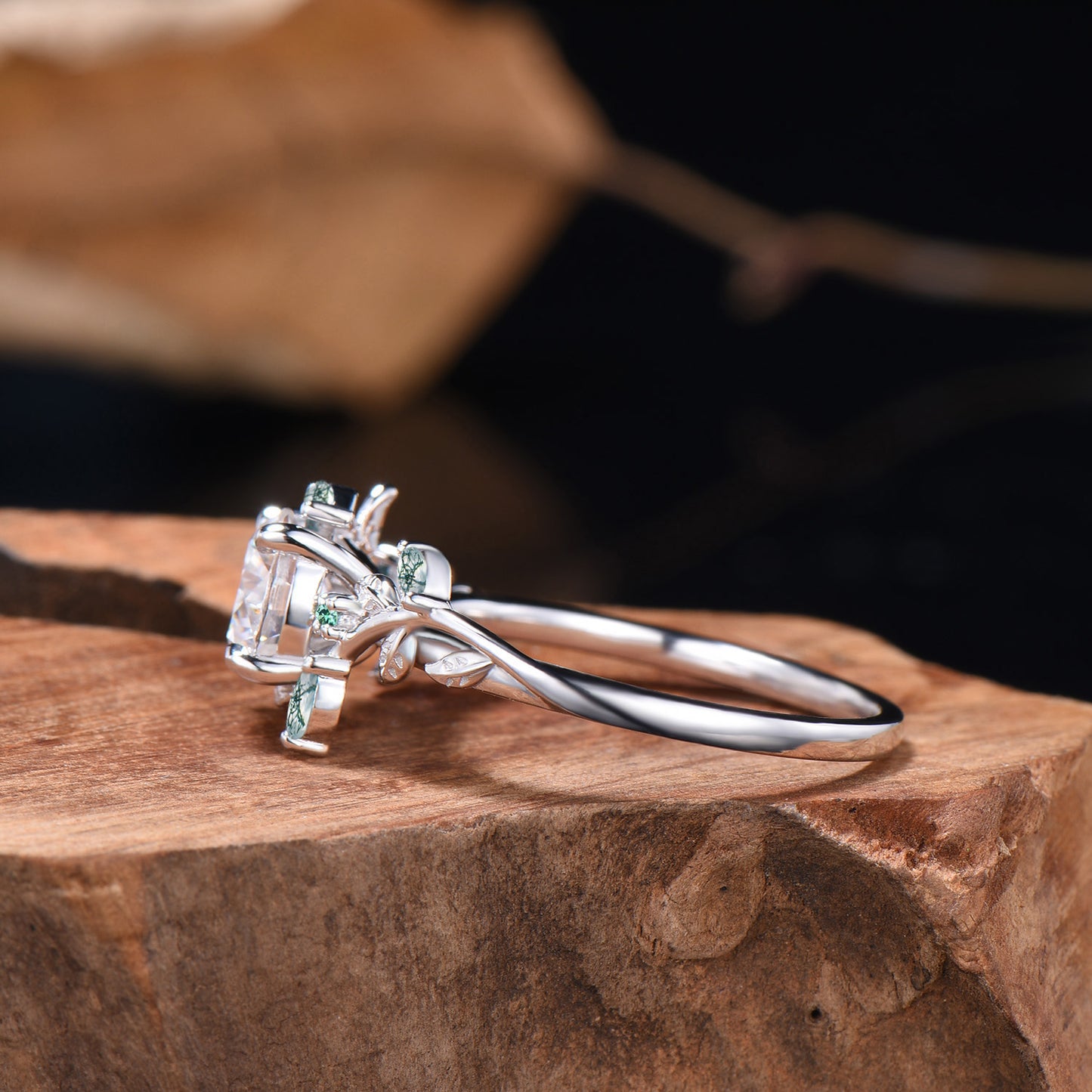 1 Carat round brilliant diamond engagement ring Nature Inspired moss agate twig vine wedding ring IGI certificate CVD diamond promise ring