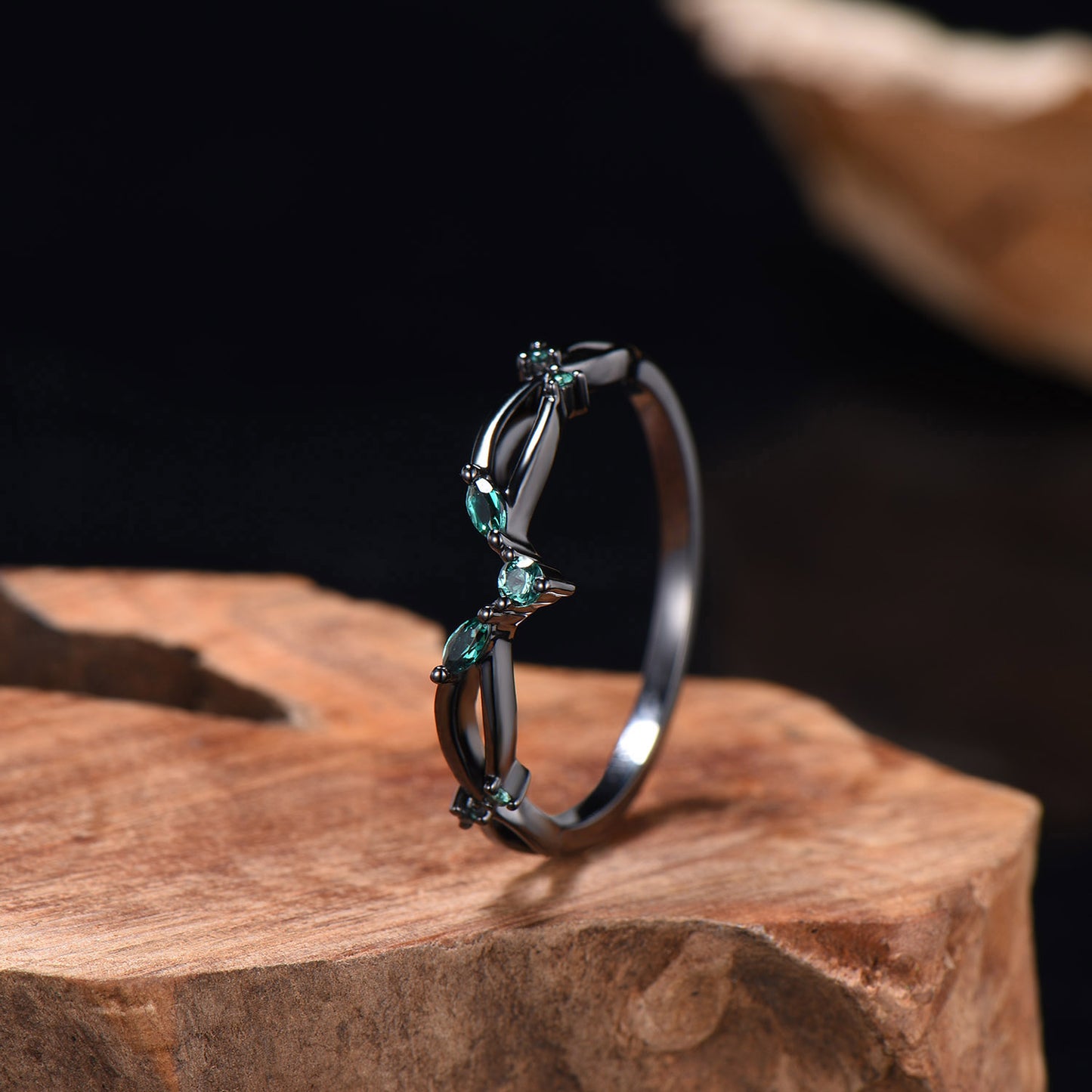 Black Gold Wedding Ring Mixed Cut Emerald V Curved 14k 18k Gold Matching Band Infinity Stacking Band Handmade Anniversary Gifts For Women