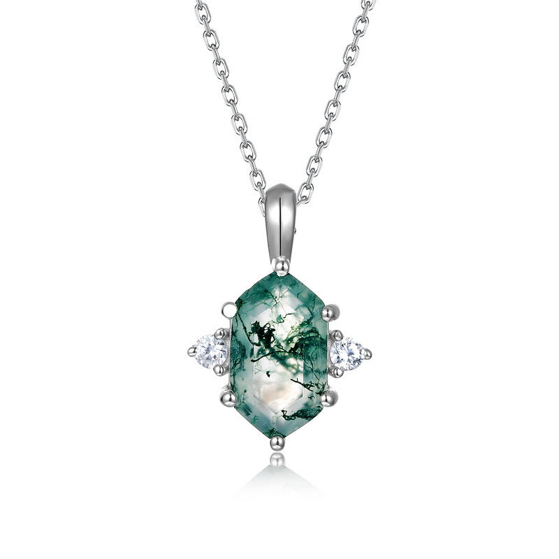 Hexagon Moss Agate Pendant Necklace- Three Stone
