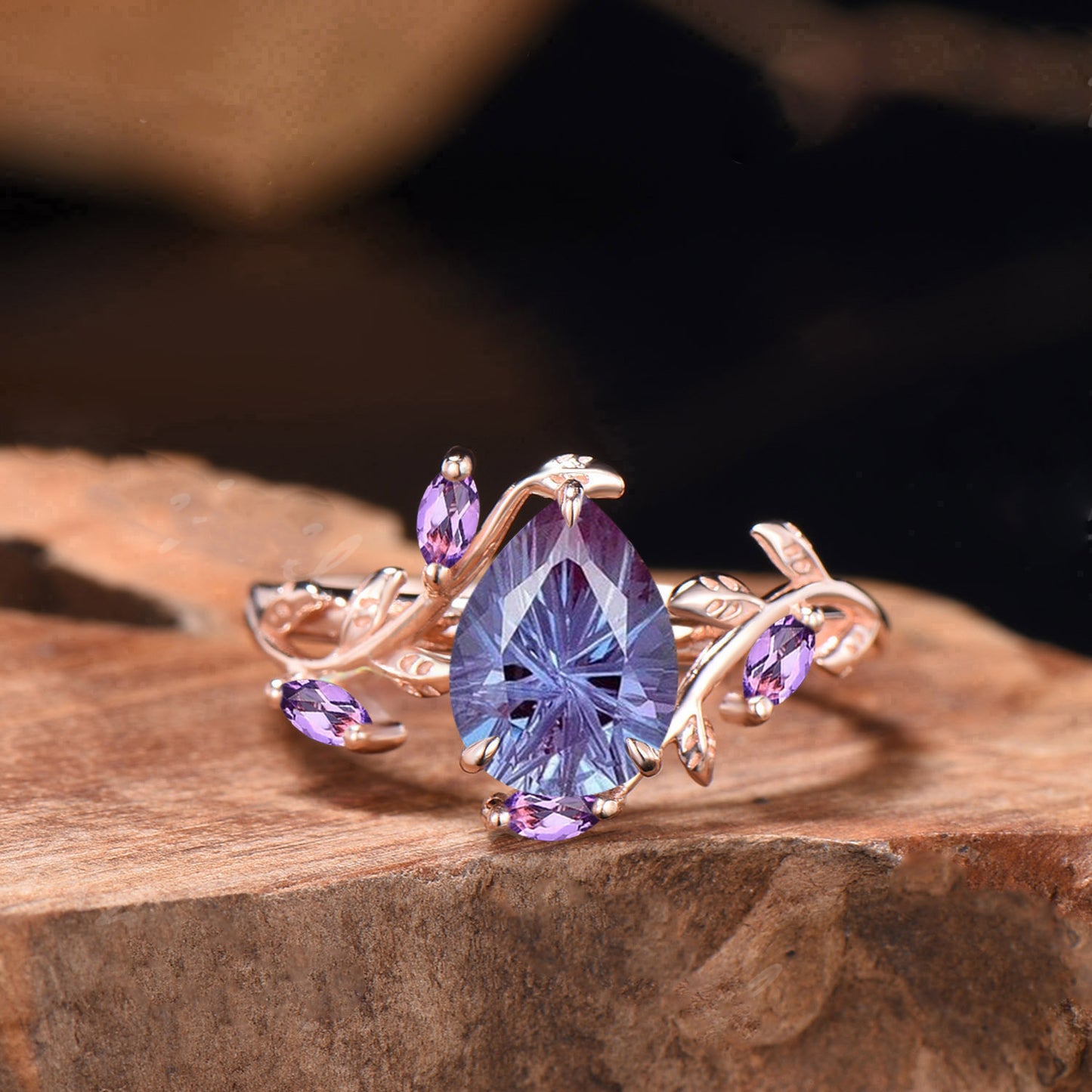 Pear Shaped Alexandrite Engagement Ring Unique Firework Cut Color-change Stone Twig Leaf Ring Marquise Gems Inspired Ring Anniversary Gift