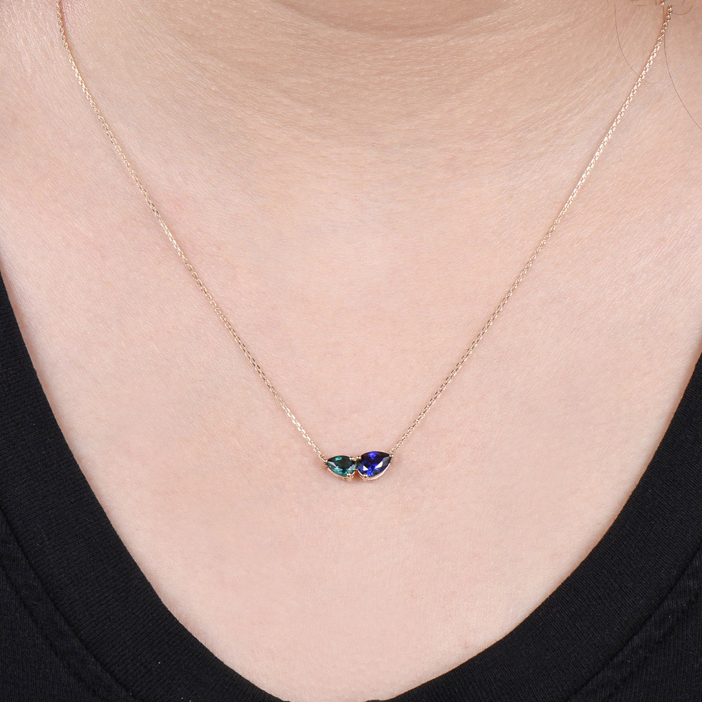 Teardrop Cut Sapphire Emerald Necklace Delicate Yellow Gold Toi et Moi Wedding Pendant September May Birthstone Necklace Anniversary Gifts