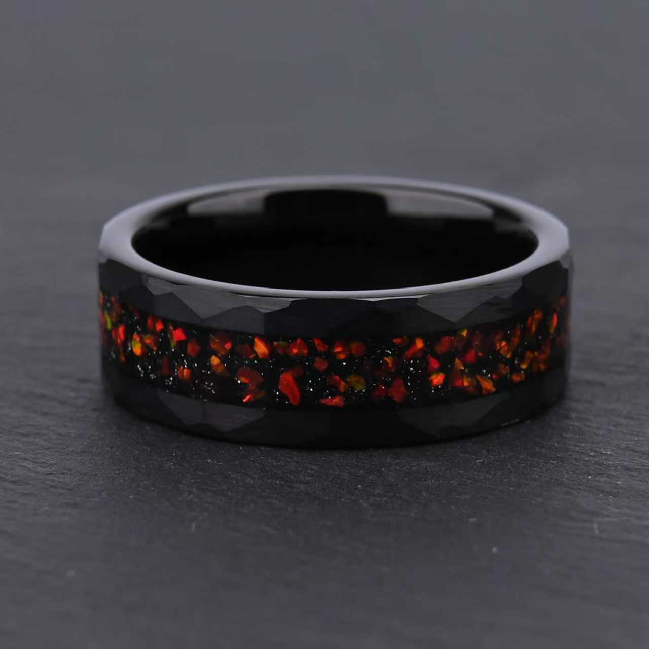 8mm Black Tungsten Ring for Men, Hand Hammered Finish with Red Opal Inlay