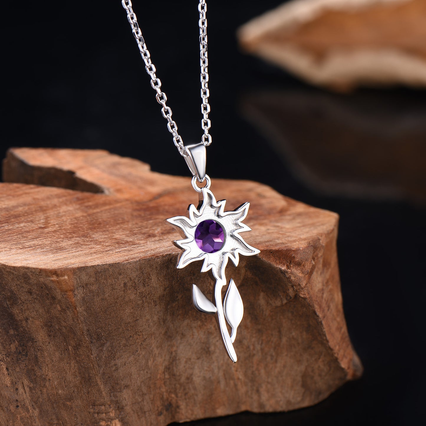 Unique Natural Amethyst Necklace Solitaire leaf Sunflower Pendant Nature Inspired Wedding Necklace Jan Birthstone Anniversary Promise Gifts