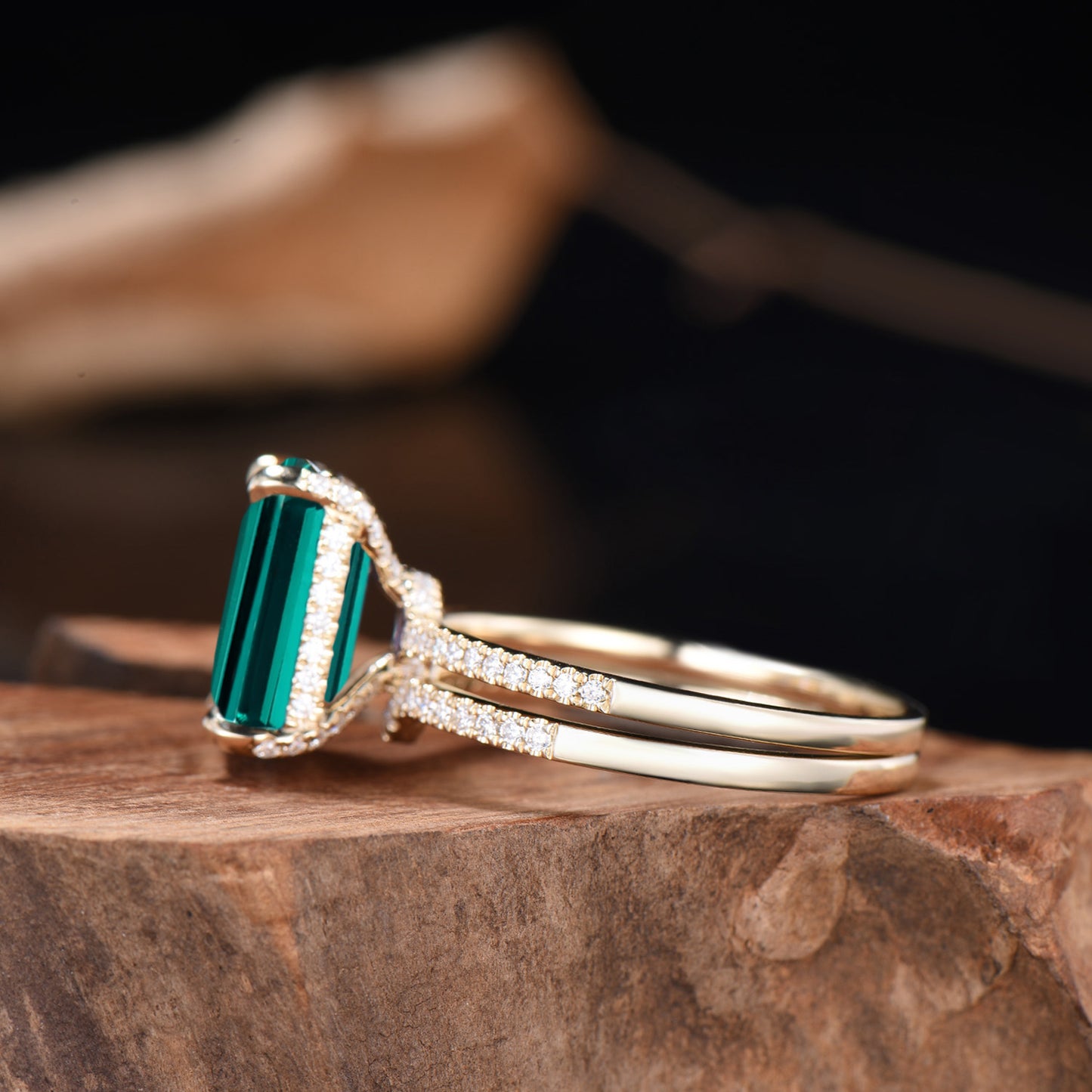 Big Emerald Cut Emerald Engagement Ring Diamond Half Eternity Ring Diamond Stacking Wedding Band Rose Gold Ring Bridal Set Anniversary Gifts