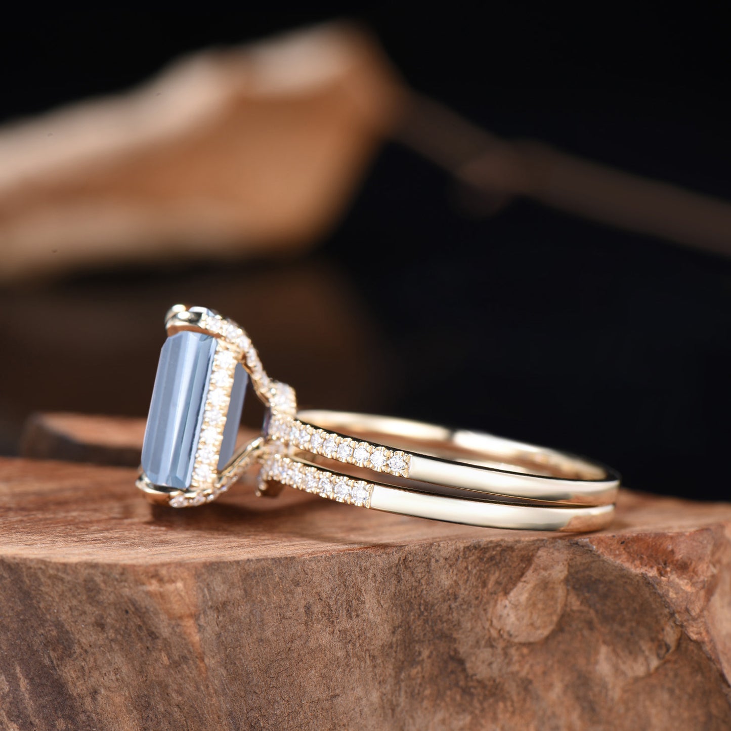 Half Eternity Ring Bridal Set 6CT Emerald Cut Natural Aquamarine Engagement Ring Diamond Stacking Wedding Band Anniversary Gifts For Women