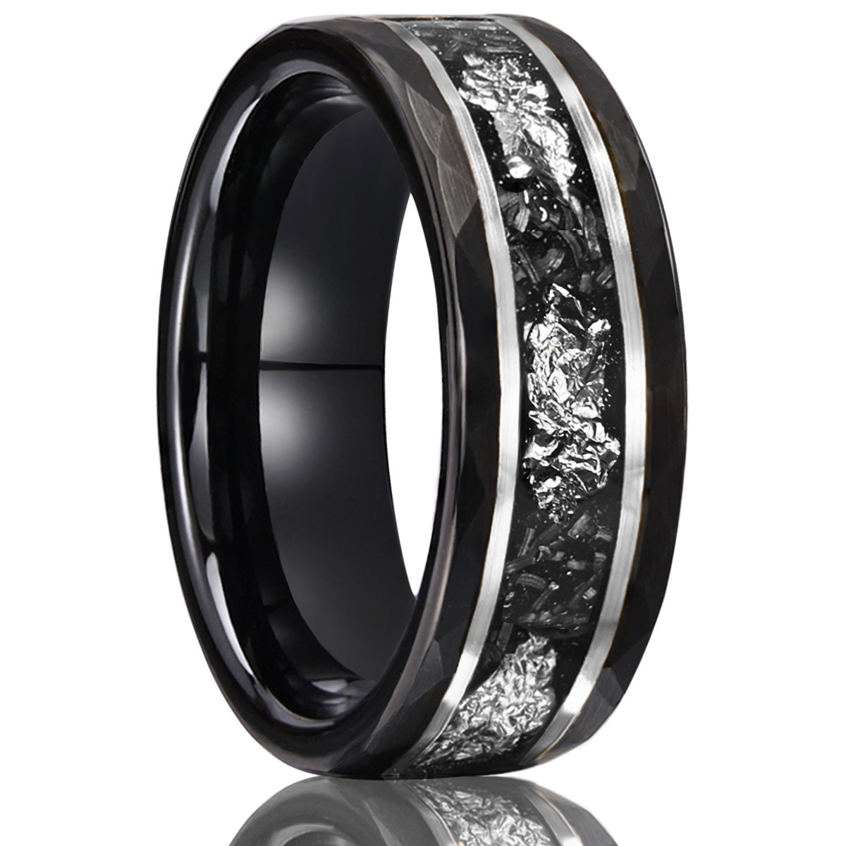 8mm Black Tungsten Ring for Men, Hammered Finish with Meteorite & Silver Foil Inlay