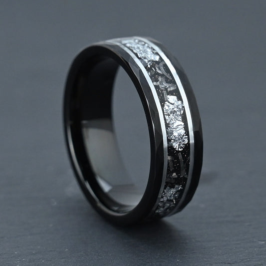 8mm Black Tungsten Ring for Men, Hammered Finish with Meteorite & Silver Foil Inlay