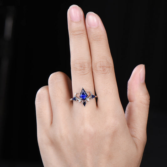 Delicate 1CT Kite Cut Blue Sapphire Engagement Ring Kite Sapphire Moissanite Twig Wedding Ring Art Deco Ring Anniversary Gifts For Women