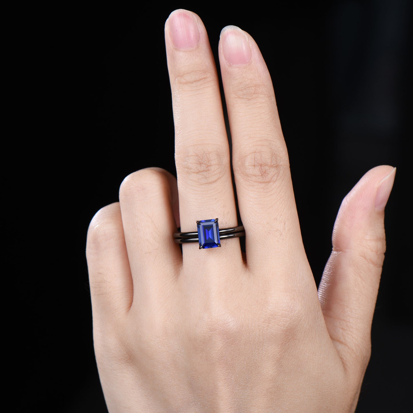 Minimalist Black Gold Emerald Cut Sapphire Engagement Ring Solitaire September Birthstone Wedding Ring Set Simple Anniversary Gifts Handmade