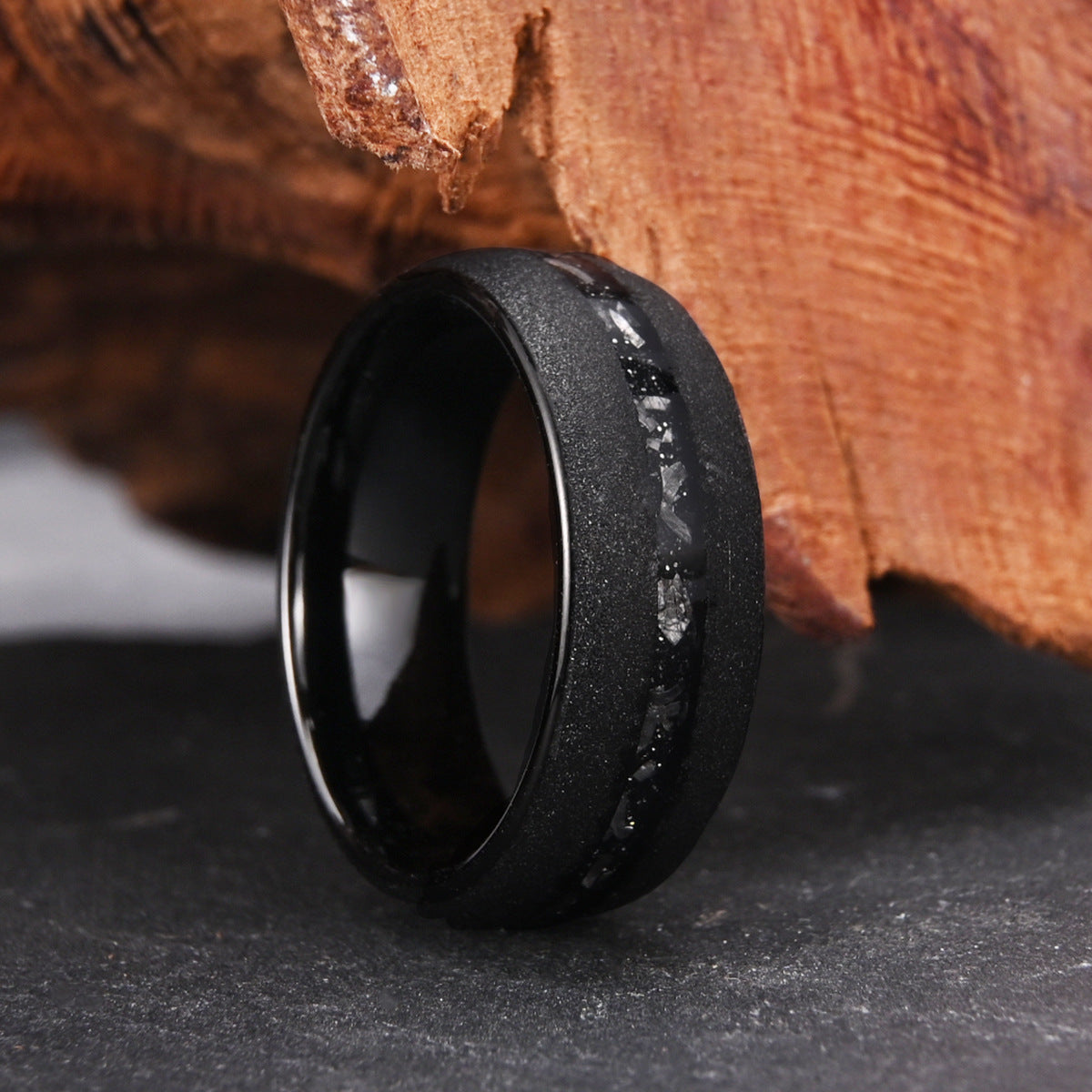 Tungsten steel curved sandblasted black meteorite ring men's wedding band - PENFINE