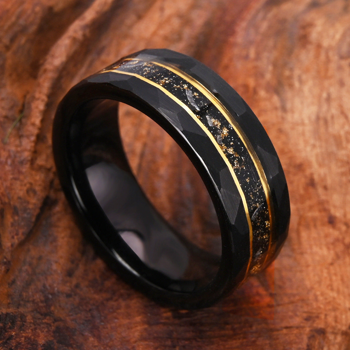 8mm men's wedding band Electric black tungsten steel with crushed gold foil meteorite opal - PENFINE