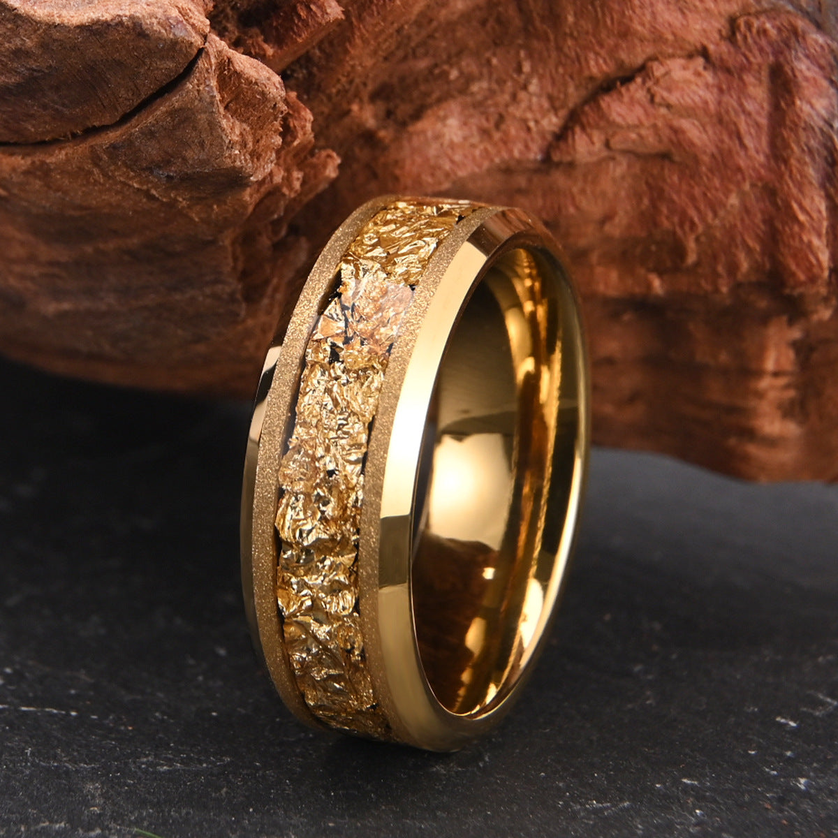 8mm tungsten steel gold sandblasted yellow gold inlaid with gold foil men's ring - PENFINE