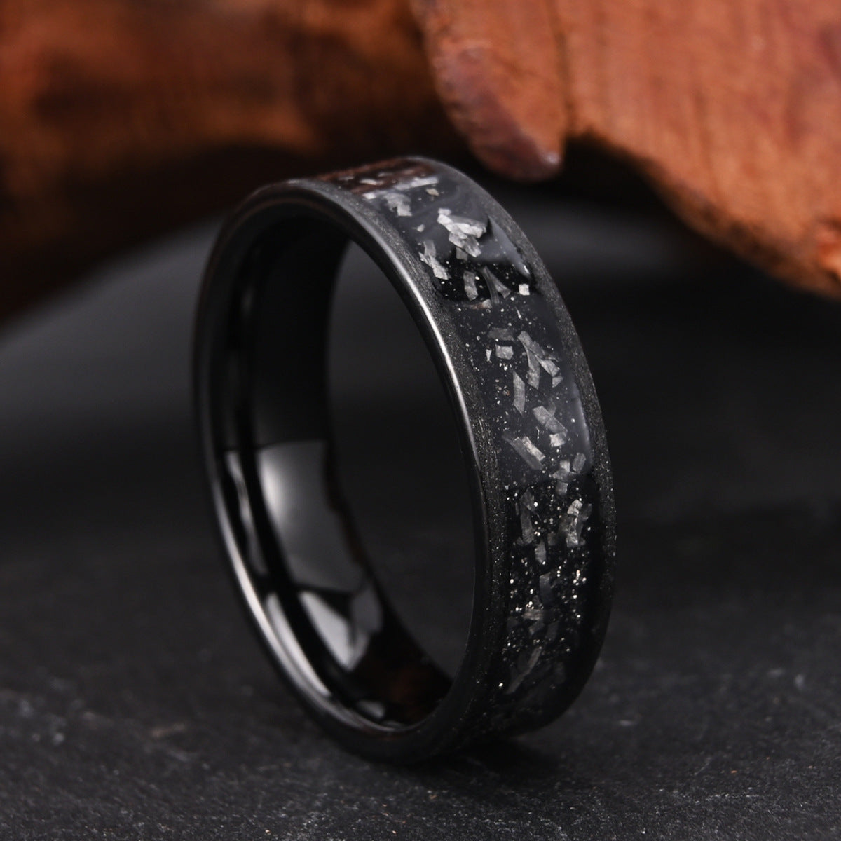 6mm men's wedding band Couple Ring Tungsten Steel Inlaid Meteorite Slice Black Sandblasted - PENFINE
