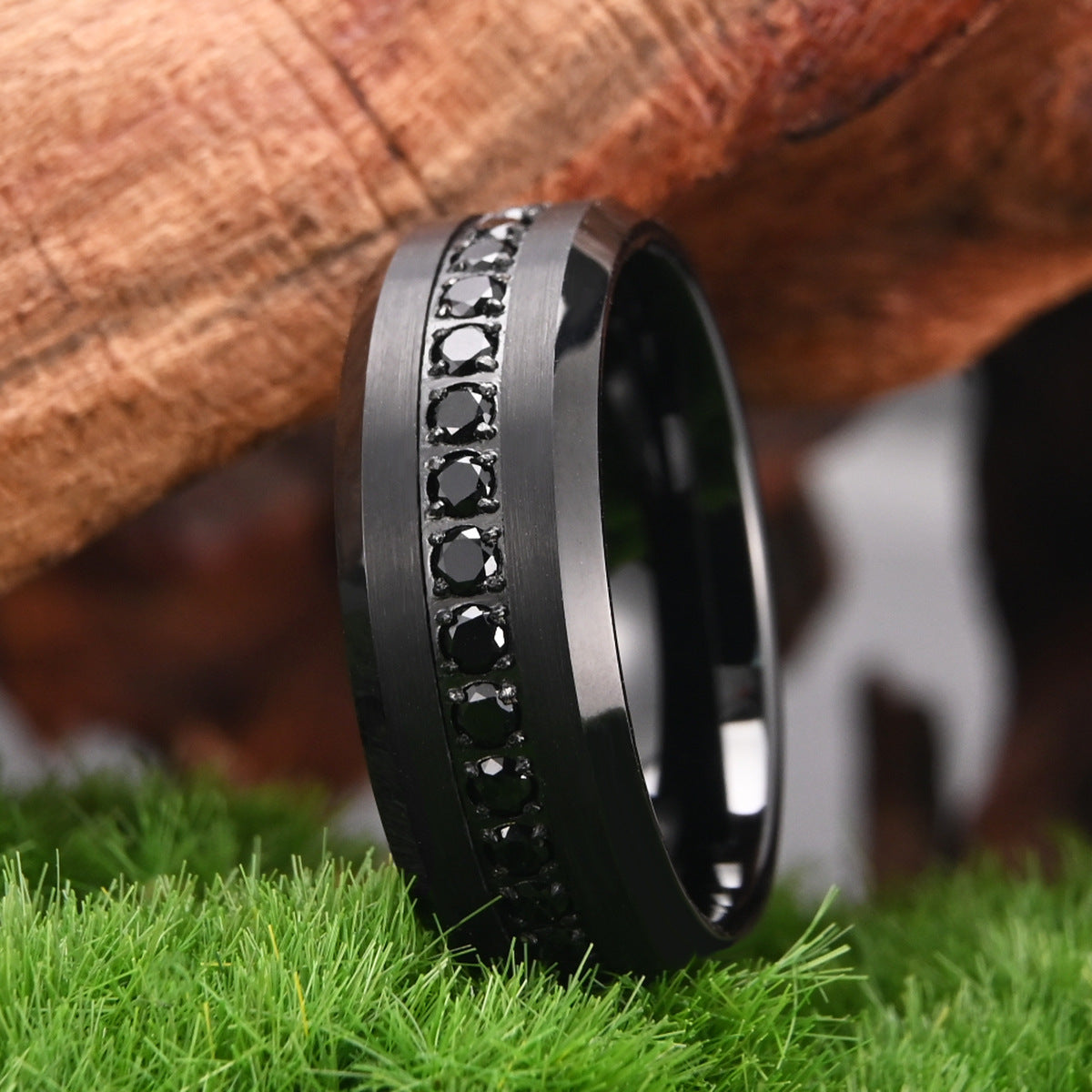 8mm tungsten gold men's wedding band steel hammered black ring electric black combination inlaid with black zircon - PENFINE