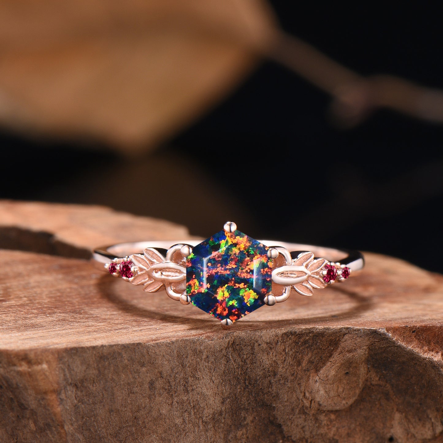 Delicate Hexagon Black Opal Leaf Engagement Ring Moissanite Ruby Curved Matching Band Nature Inspired Ring Set Anniversary Gifts For Women