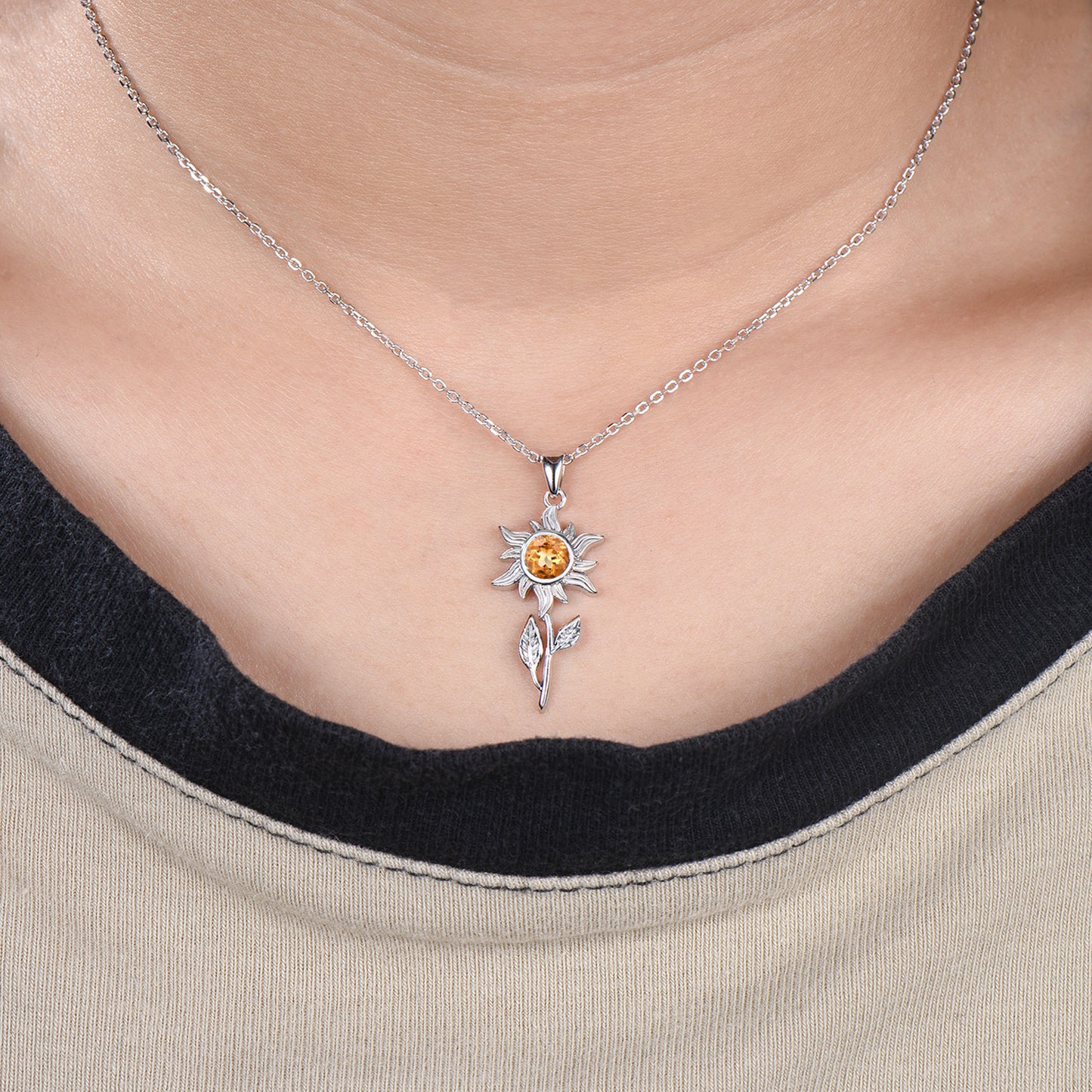 Celestial Round Natural Citrine Sun Necklace Yellow Gold Solitaire leaf Pendant Nature Inspired Wedding Necklace Anniversary Gifts For Girl