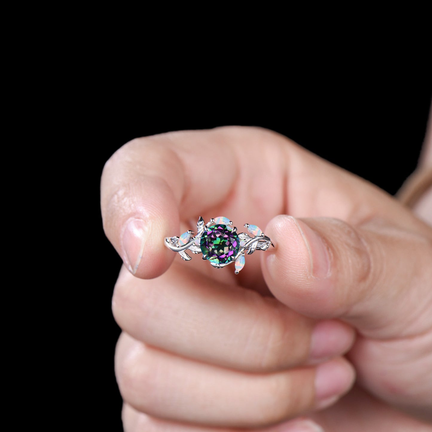 Nature Inspired 1 Carat Round Cut Mystic Topaz Ring Marquise Opal Twig Vine Rainbow Topaz Engagement Ring Silver White Gold Promise Ring