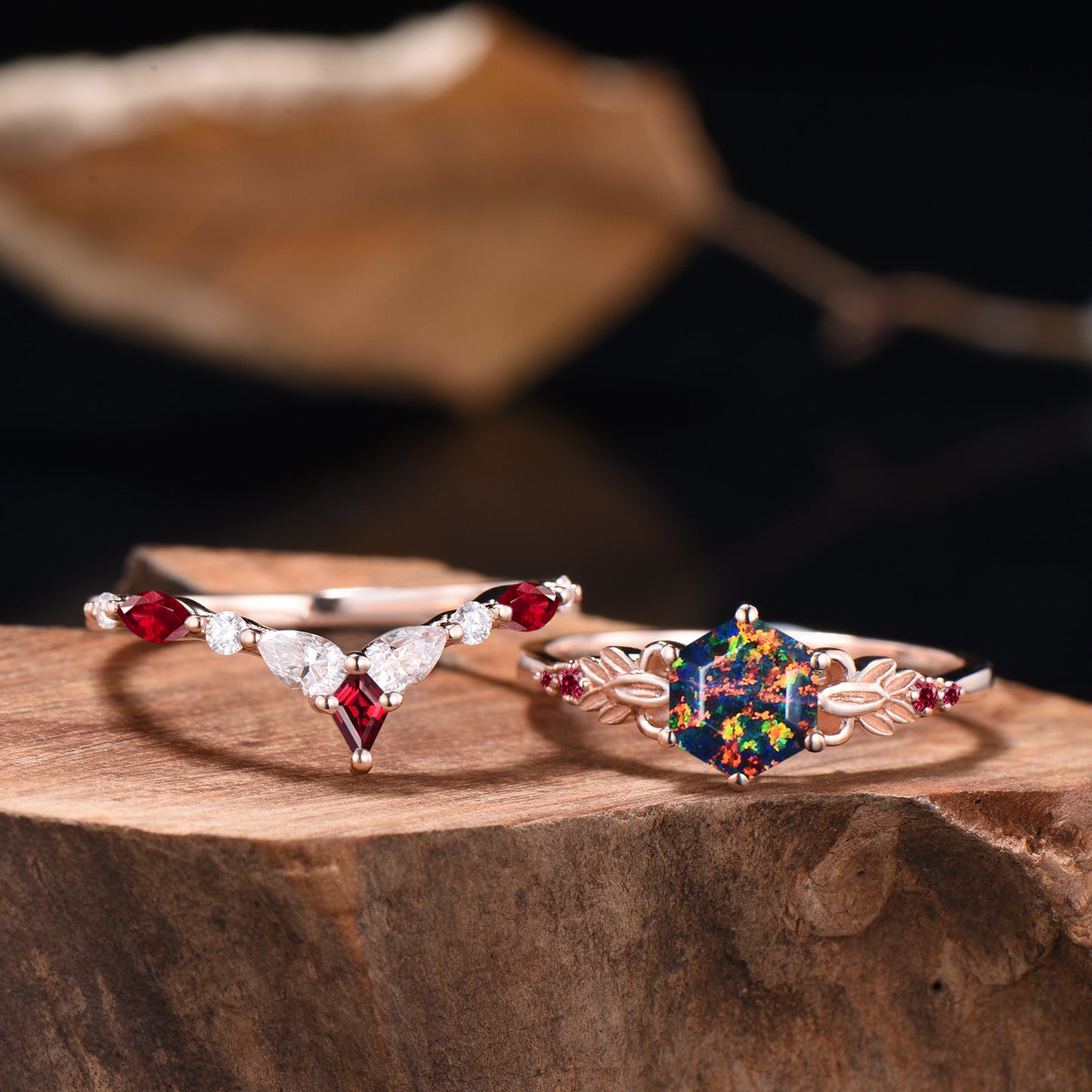 Delicate Hexagon Black Opal Leaf Engagement Ring Moissanite Ruby Curved Matching Band Nature Inspired Ring Set Anniversary Gifts For Women