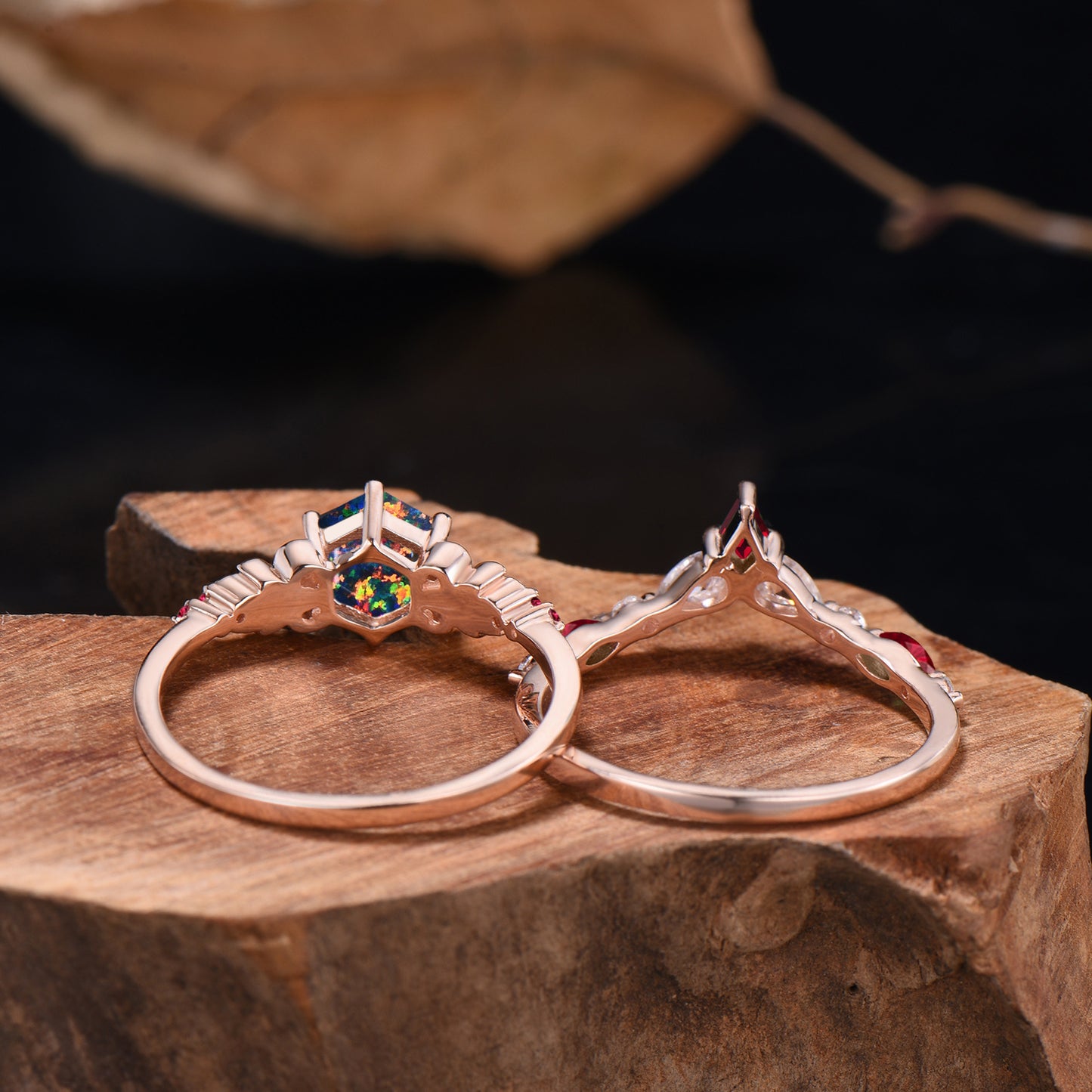 Delicate Hexagon Black Opal Leaf Engagement Ring Moissanite Ruby Curved Matching Band Nature Inspired Ring Set Anniversary Gifts For Women