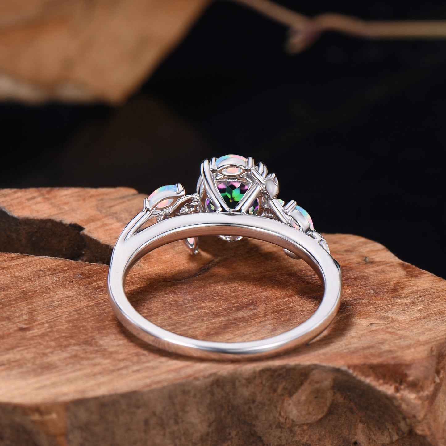 Nature Inspired 1 Carat Round Cut Mystic Topaz Ring Marquise Opal Twig Vine Rainbow Topaz Engagement Ring Silver White Gold Promise Ring