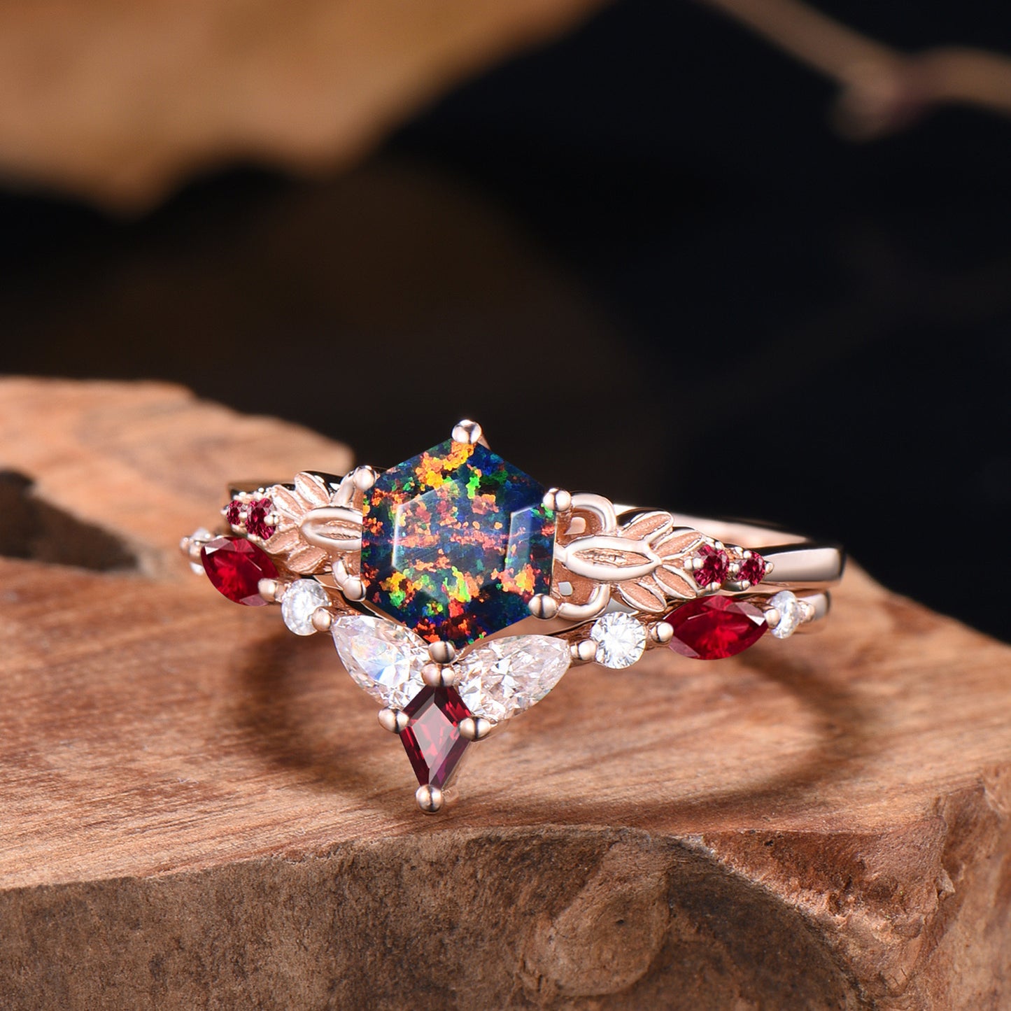 Delicate Hexagon Black Opal Leaf Engagement Ring Moissanite Ruby Curved Matching Band Nature Inspired Ring Set Anniversary Gifts For Women