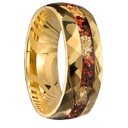 Bold 8mm Damascus Steel Wedding Band, Striking Red Opal & Gold Wire Design, Gold Plated Men's Statement Ring