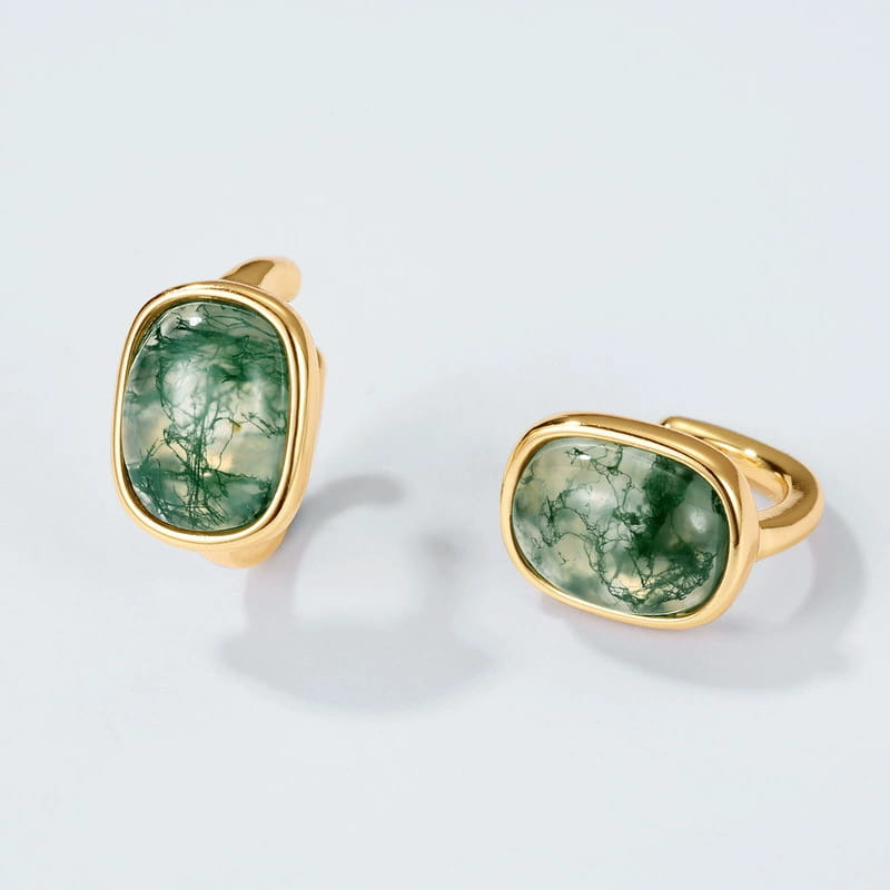 The Verdant Glade | Oval Moss Agate Bezel Stud Earrings
