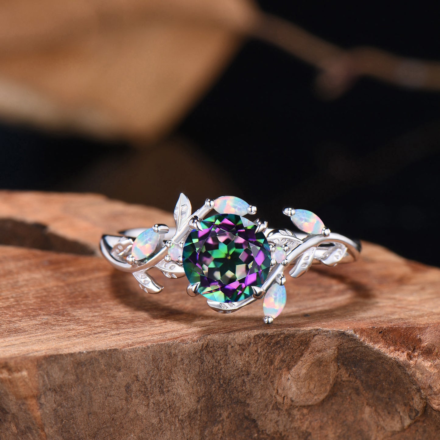 Nature Inspired 1 Carat Round Cut Mystic Topaz Ring Marquise Opal Twig Vine Rainbow Topaz Engagement Ring Silver White Gold Promise Ring