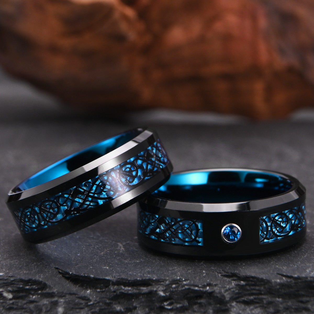 8mm tungsten gold men's wedding band Tungsten steel two-tone ring with blue fiber black dragon slice and blue zircon - PENFINE