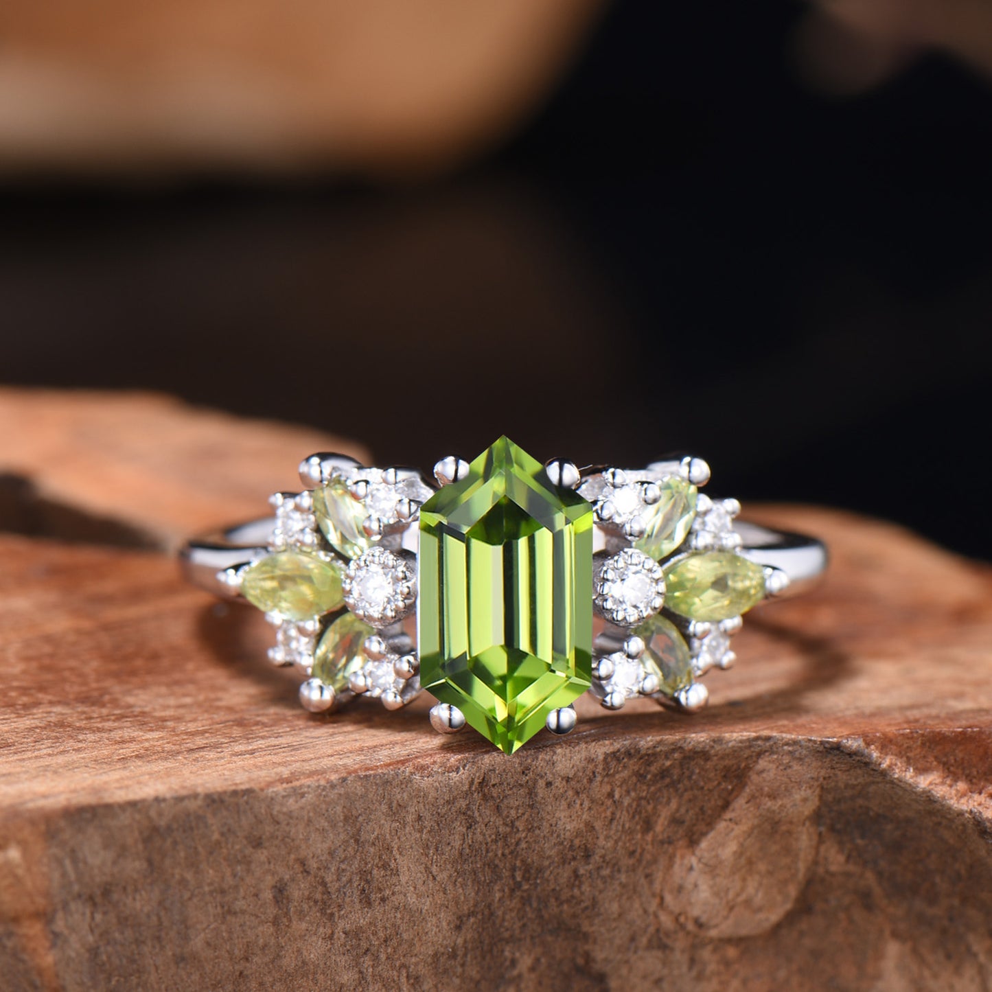 Vintage Peridot Engagement Ring Unique Marquise Moissanite Ring Art Deco August Birthstone Wedding Ring Anniversary Promise Gift For Women