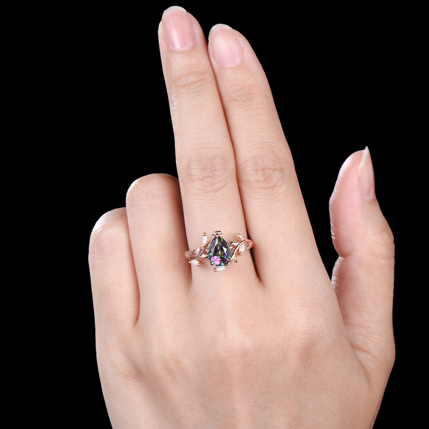 Nature Inspired Pear Shaped Mystic Topaz Ring Marquise Opal Twig Rainbow Topaz Engagement Ring Leaf Vine Rose Gold Anniversary Promise Gift