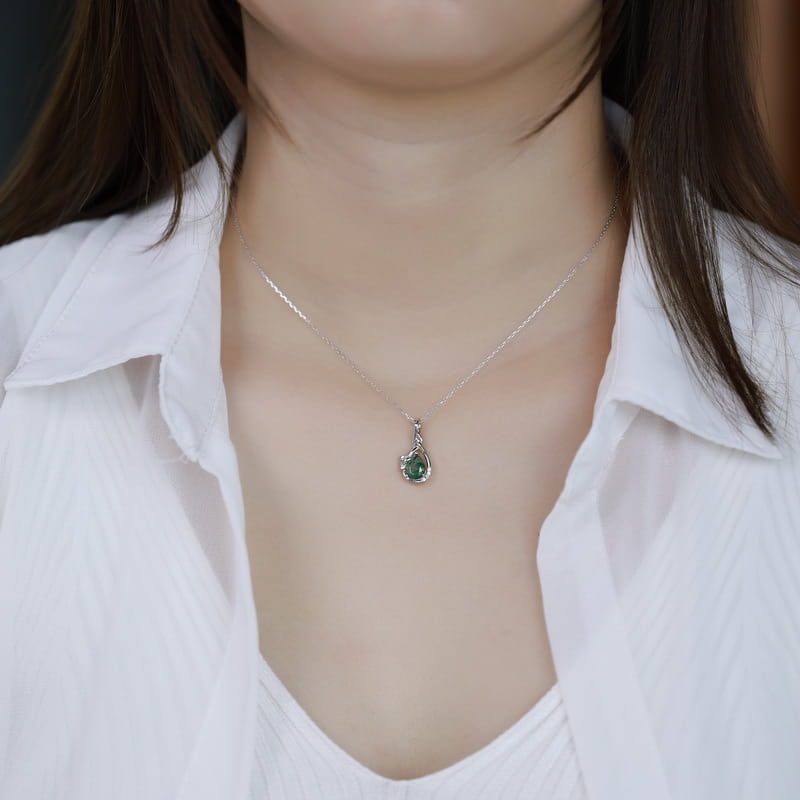 Forest Whisper Moss Agate Teardrop Necklace Leaf & Vine Branch Pendant