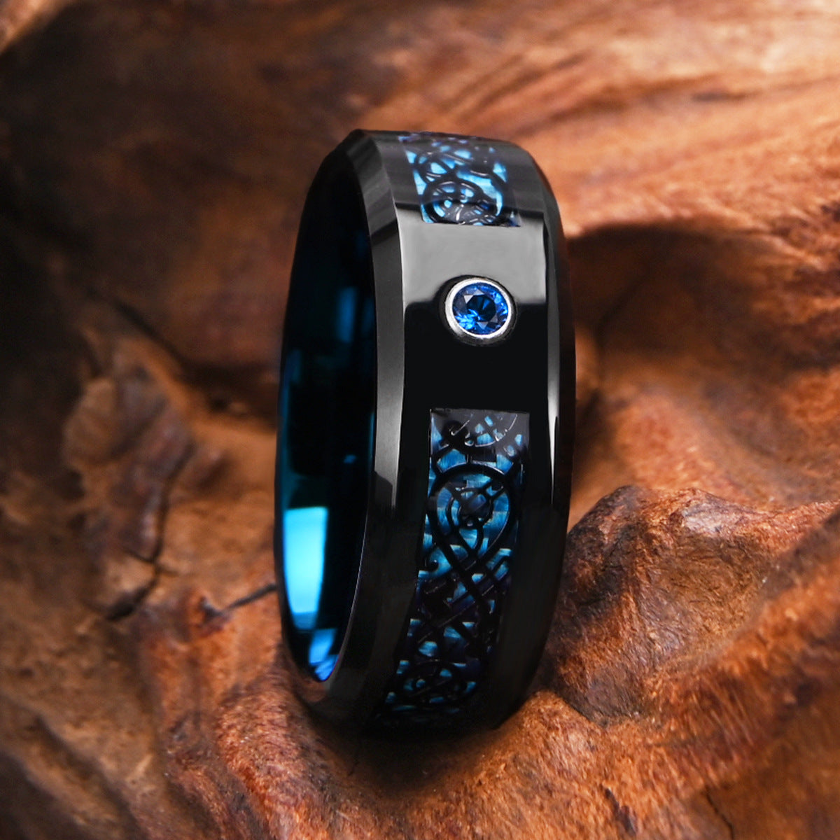 8mm tungsten gold men's wedding band Tungsten steel two-tone ring with blue fiber black dragon slice and blue zircon - PENFINE