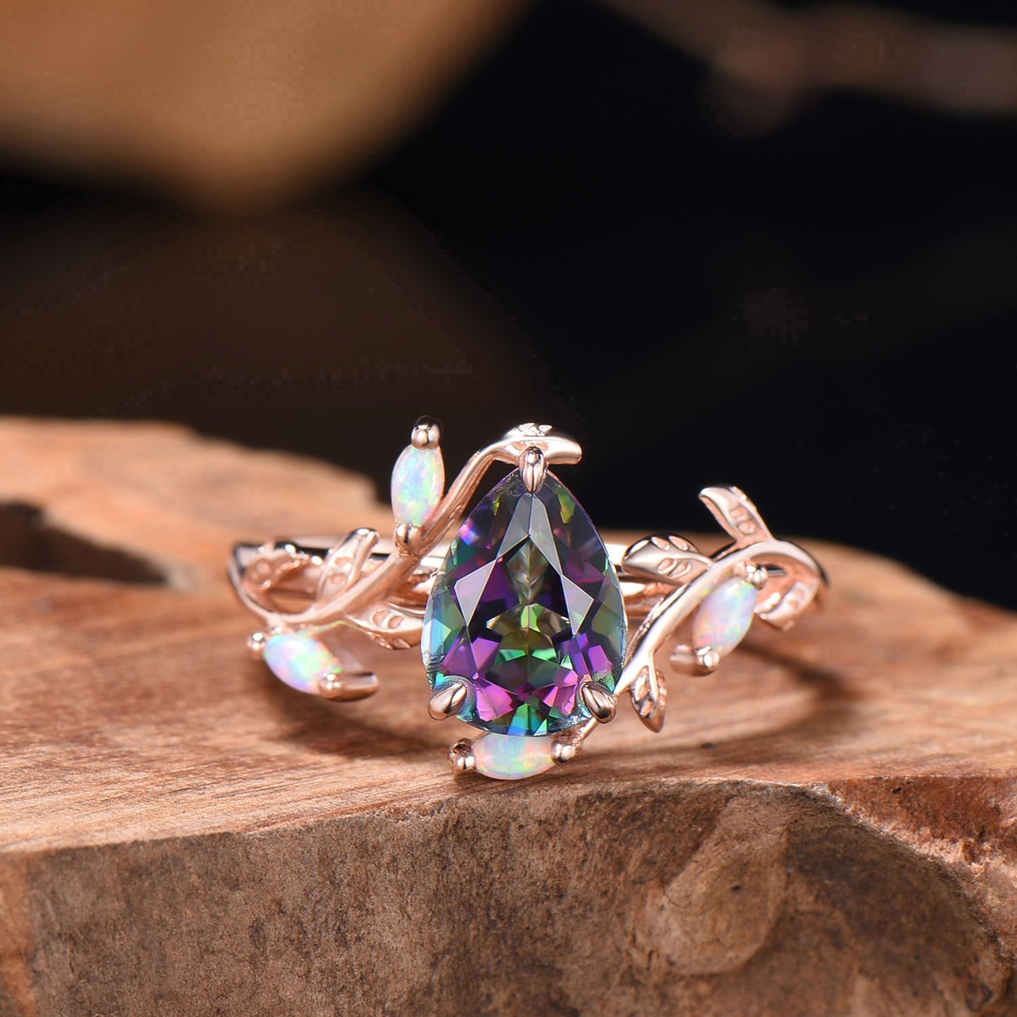 Nature Inspired Pear Shaped Mystic Topaz Ring Marquise Opal Twig Rainbow Topaz Engagement Ring Leaf Vine Rose Gold Anniversary Promise Gift
