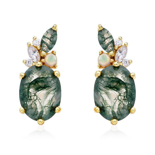 Oval Moss Agate Stud Earrings, Dainty Opal Cluster Jewelry, Botanical Ear Climbers, Forestcore Aesthetic Gift, Unique Bridesmaid Gift