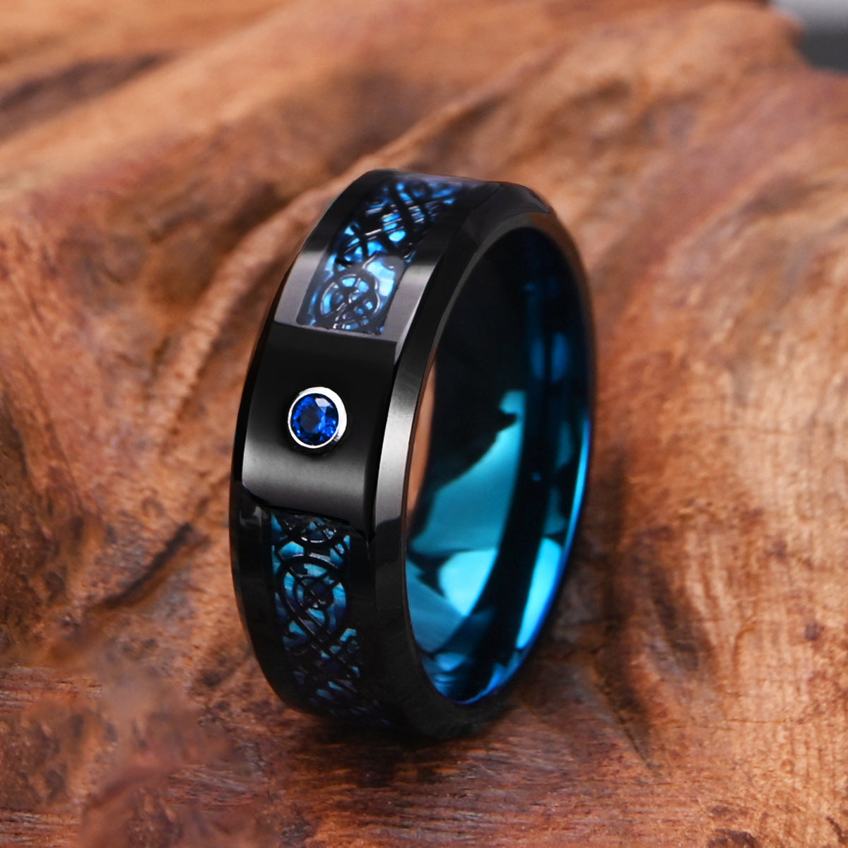 8mm tungsten gold men's wedding band Tungsten steel two-tone ring with blue fiber black dragon slice and blue zircon - PENFINE
