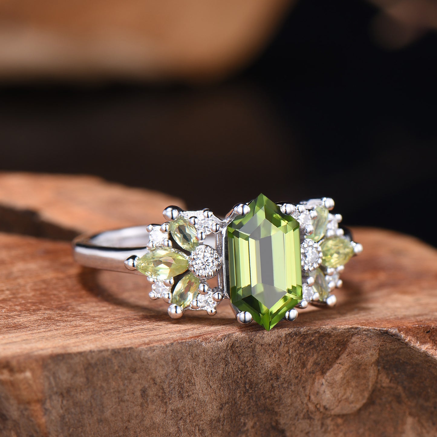 Vintage Peridot Engagement Ring Unique Marquise Moissanite Ring Art Deco August Birthstone Wedding Ring Anniversary Promise Gift For Women