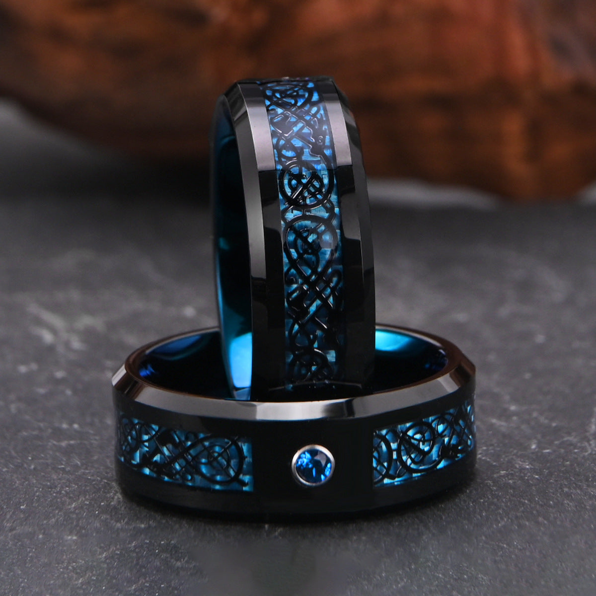 8mm tungsten gold men's wedding band Tungsten steel two-tone ring with blue fiber black dragon slice and blue zircon - PENFINE