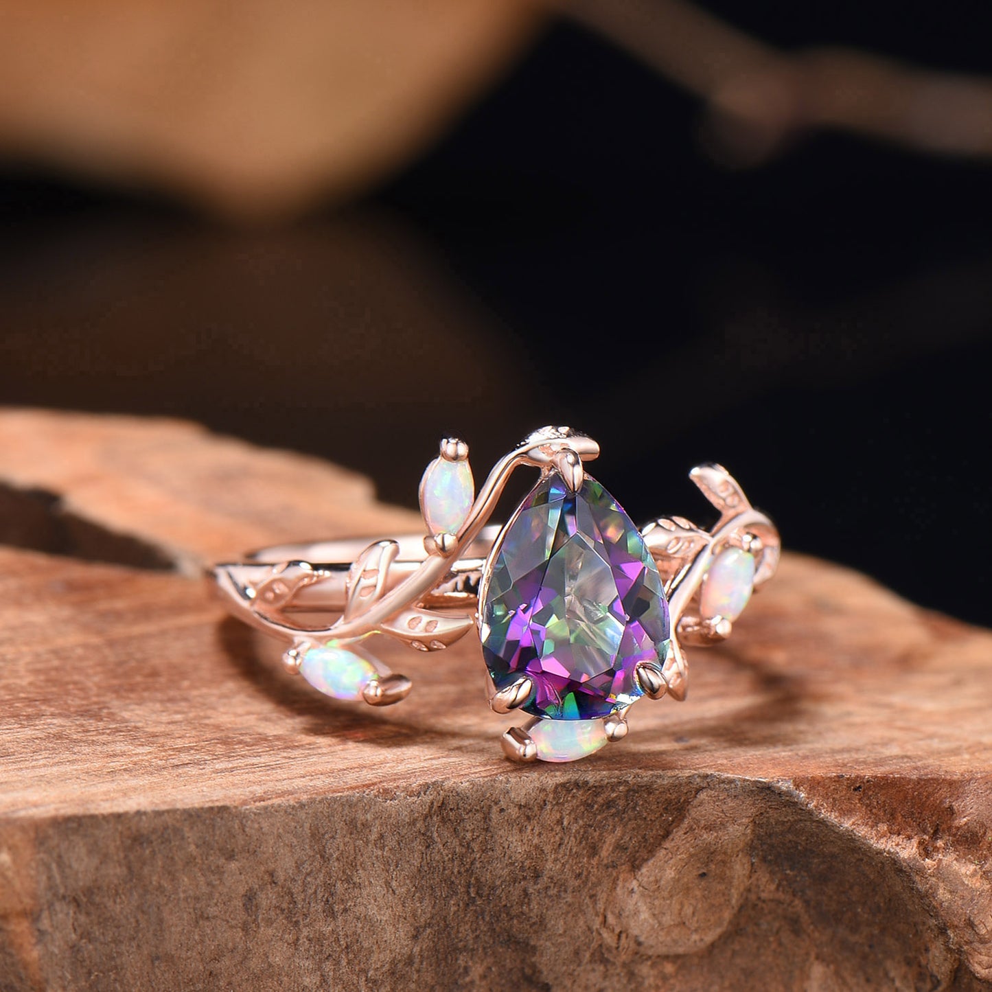 Nature Inspired Pear Shaped Mystic Topaz Ring Marquise Opal Twig Rainbow Topaz Engagement Ring Leaf Vine Rose Gold Anniversary Promise Gift
