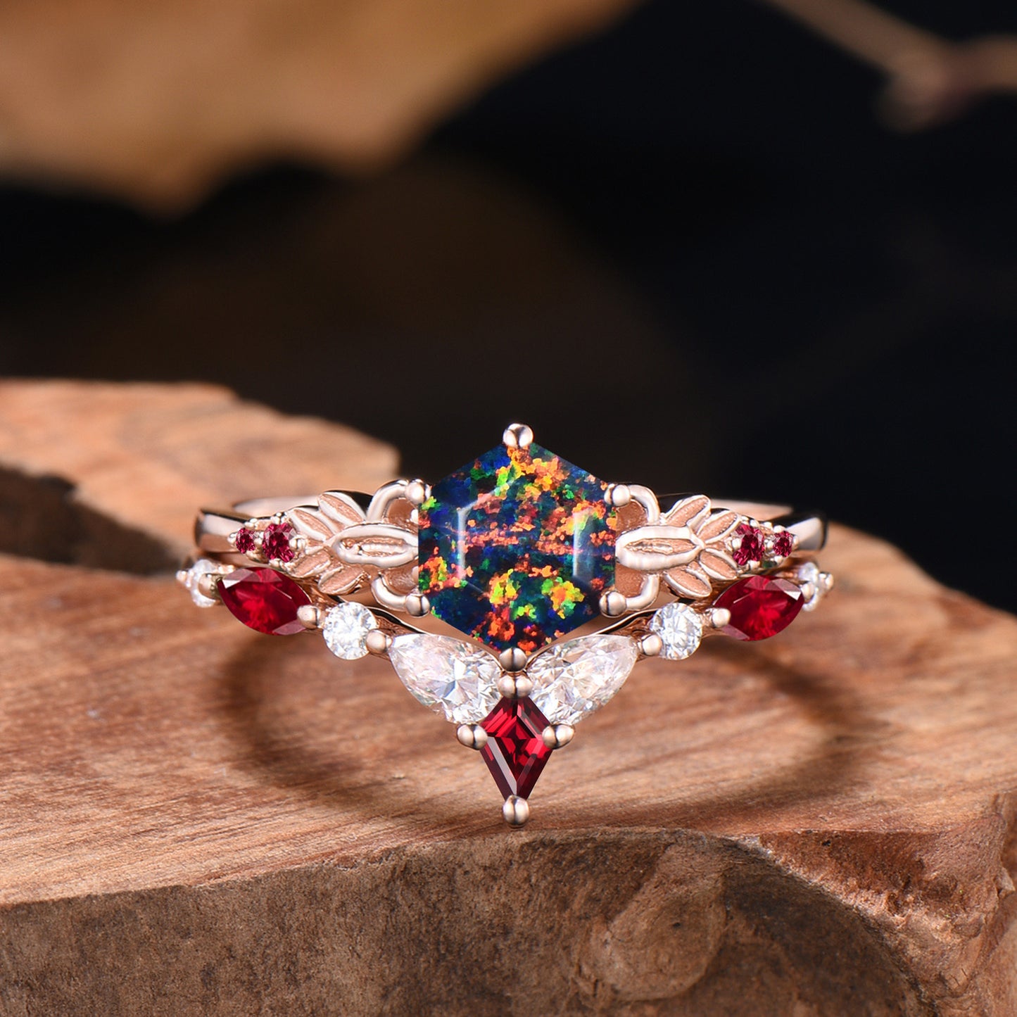 Delicate Hexagon Black Opal Leaf Engagement Ring Moissanite Ruby Curved Matching Band Nature Inspired Ring Set Anniversary Gifts For Women