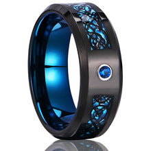8mm tungsten gold men's wedding band Tungsten steel two-tone ring with blue fiber black dragon slice and blue zircon - PENFINE