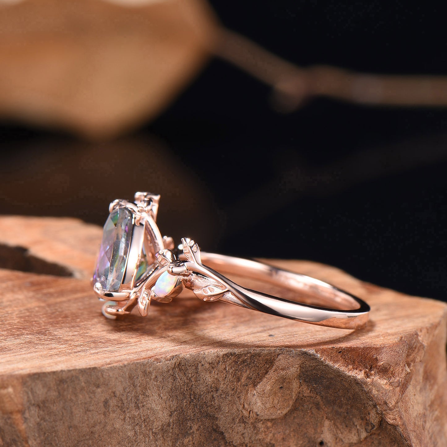 Nature Inspired Pear Shaped Mystic Topaz Ring Marquise Opal Twig Rainbow Topaz Engagement Ring Leaf Vine Rose Gold Anniversary Promise Gift