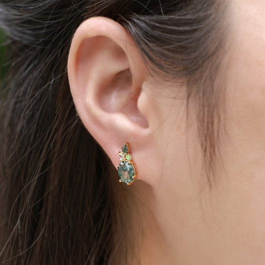 Oval Moss Agate Stud Earrings, Dainty Opal Cluster Jewelry, Botanical Ear Climbers, Forestcore Aesthetic Gift, Unique Bridesmaid Gift