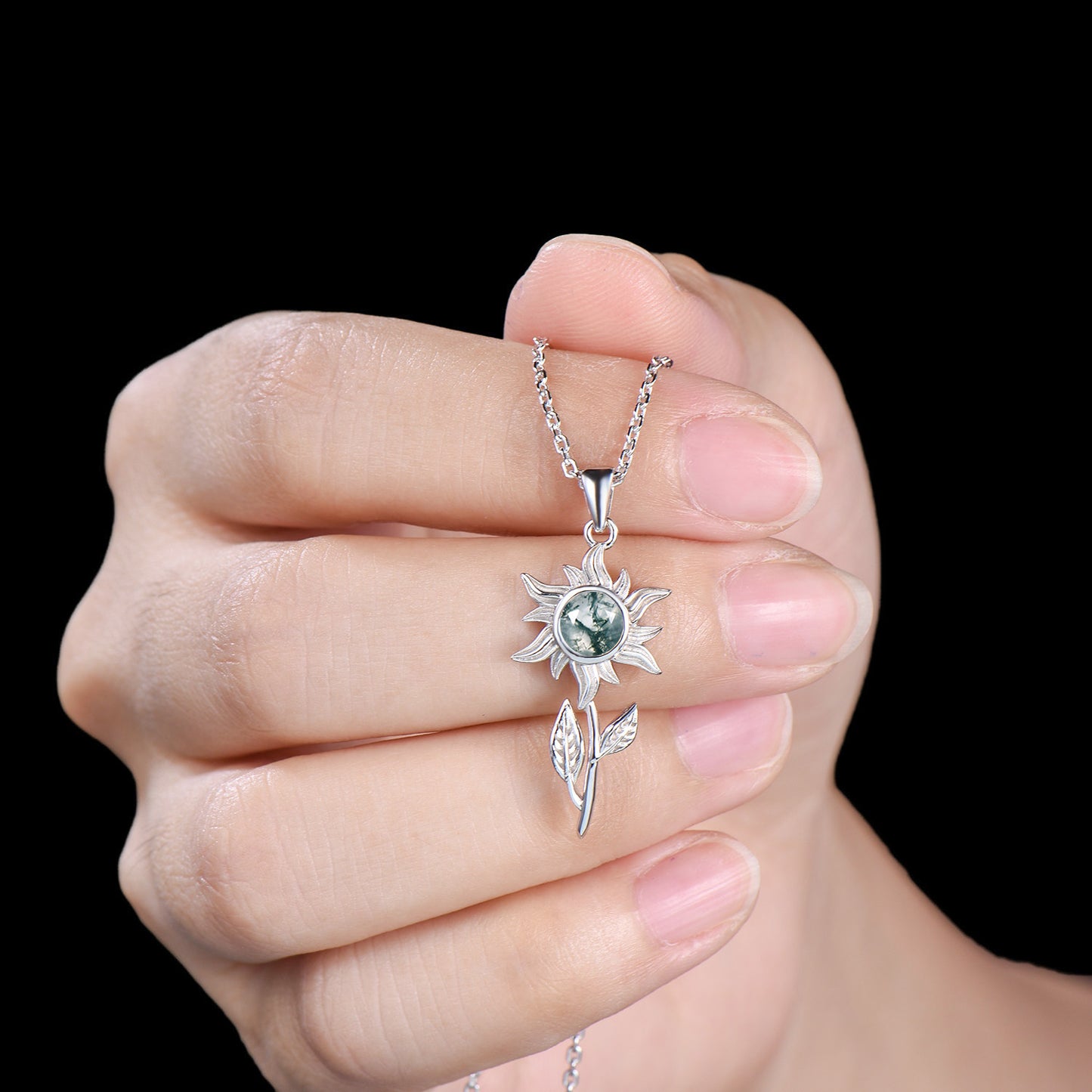 Celestial Round Natural Moss Agate Necklace Solitaire leaf Sun Pendant Nature Inspired Wedding Necklace Anniversary Promise Gifts For Girl