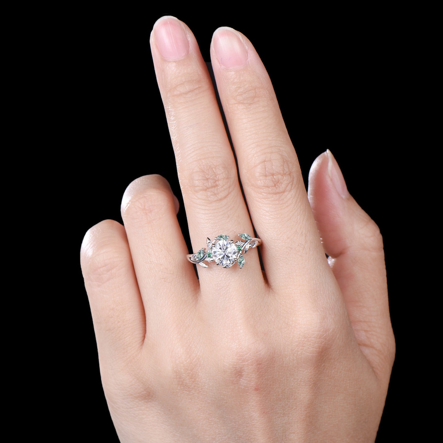 1 Carat round brilliant diamond engagement ring Nature Inspired moss agate twig vine wedding ring IGI certificate CVD diamond promise ring